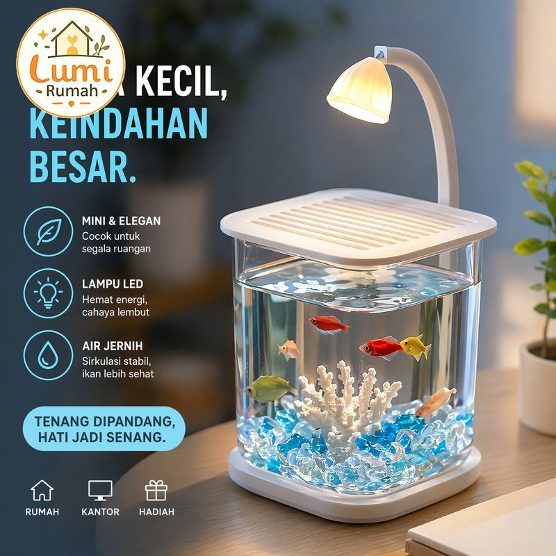 akuarium mini ikan cupang transparan kaca plastik lampu led meja dekorasi hias desktop estetik