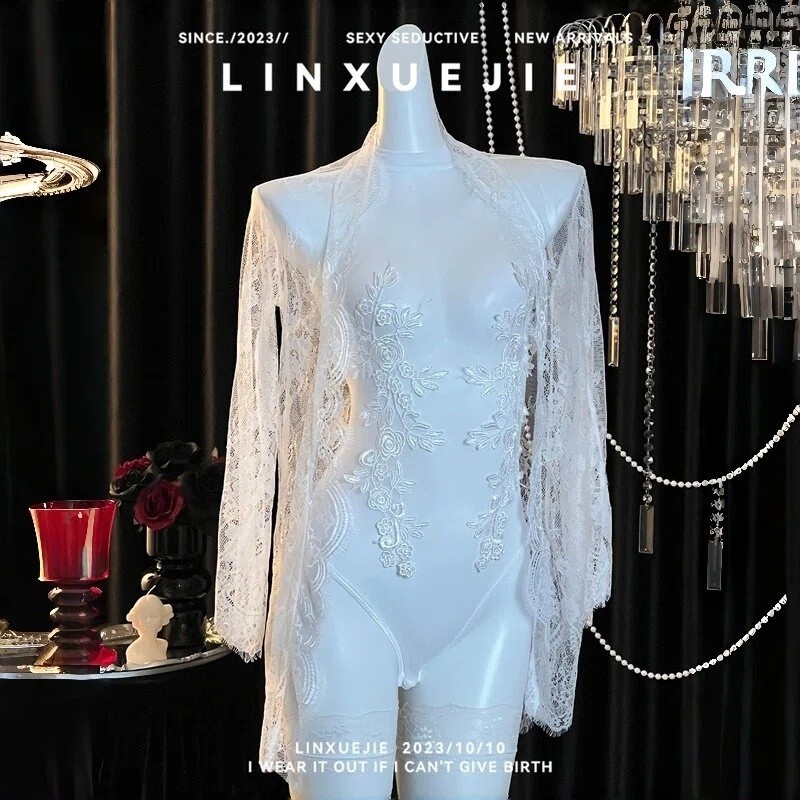 LINXUEJIE Lingerie Bodysuit Wanita Renda Transparan Halter dengan Outer Kimono Sexy Elegan