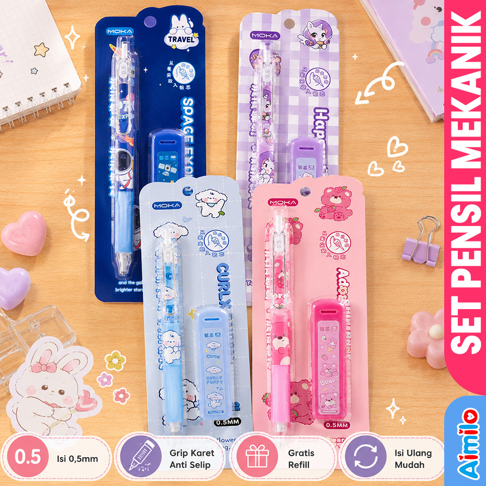 Aimilo - Pensil Mekanik 0.5 mm FREE REFILL Set Lengkap Lucu dan Unik Pensil Isi Ulang Untuk Sekolah