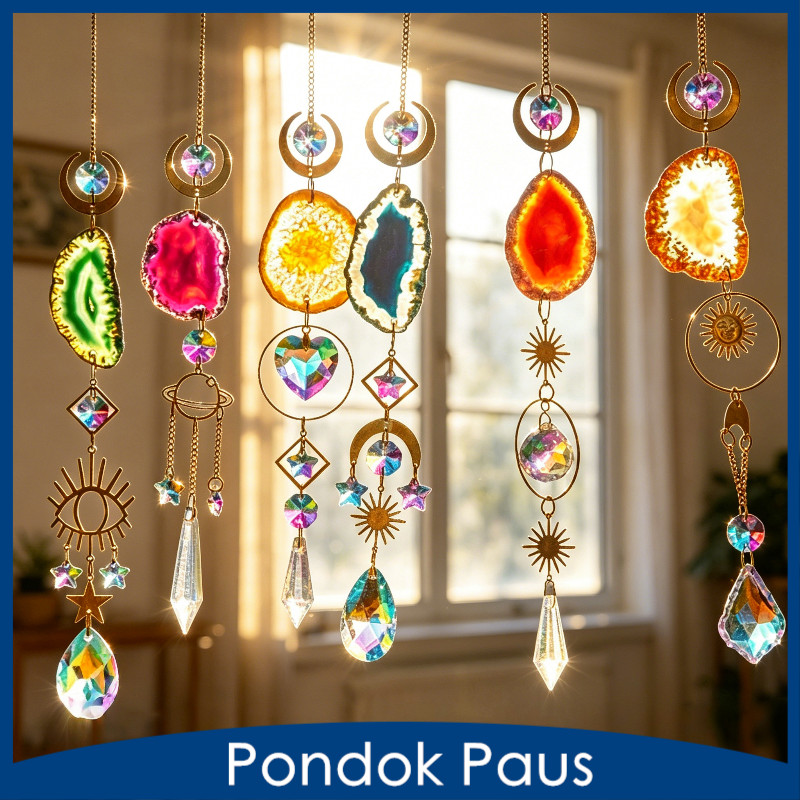 Lonceng Angin Kristal Pelangi Sun Catcher Batu Akik Asli Suara Jernih Hiasan Gantung Dekorasi Rumah 