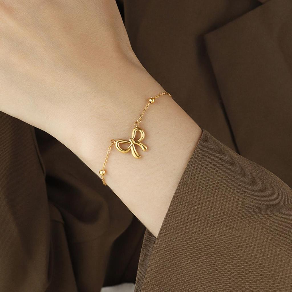 Gelang Titanium Wanita Pita Bow Minimalis Elegan Aksesoris Cewek Korea Simple