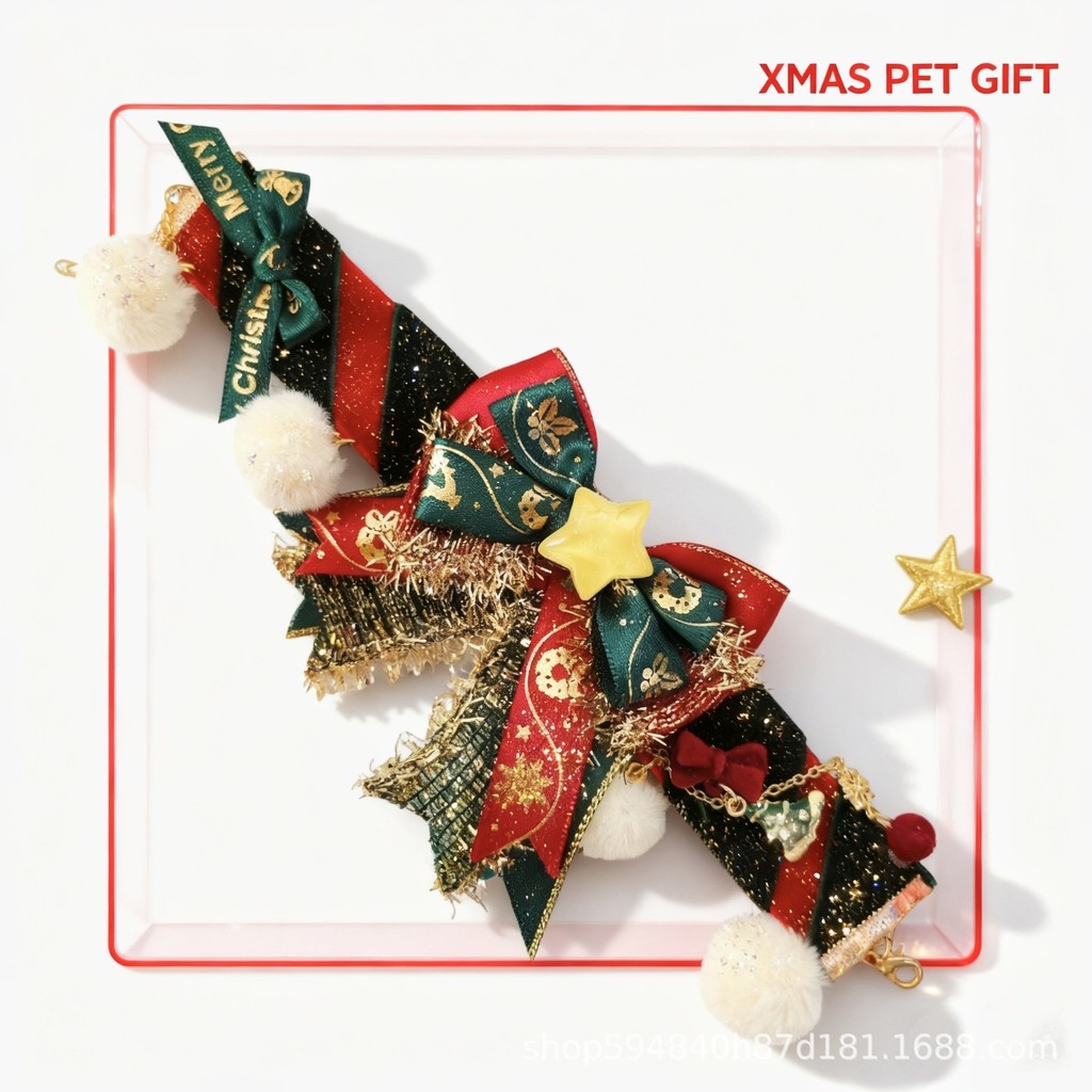 Tail Planet COD  Kalung Natal Hewan Peliharaan, Dasi Kupu-kupu Beludru Emas Mewah, Pohon Natal Pom-P