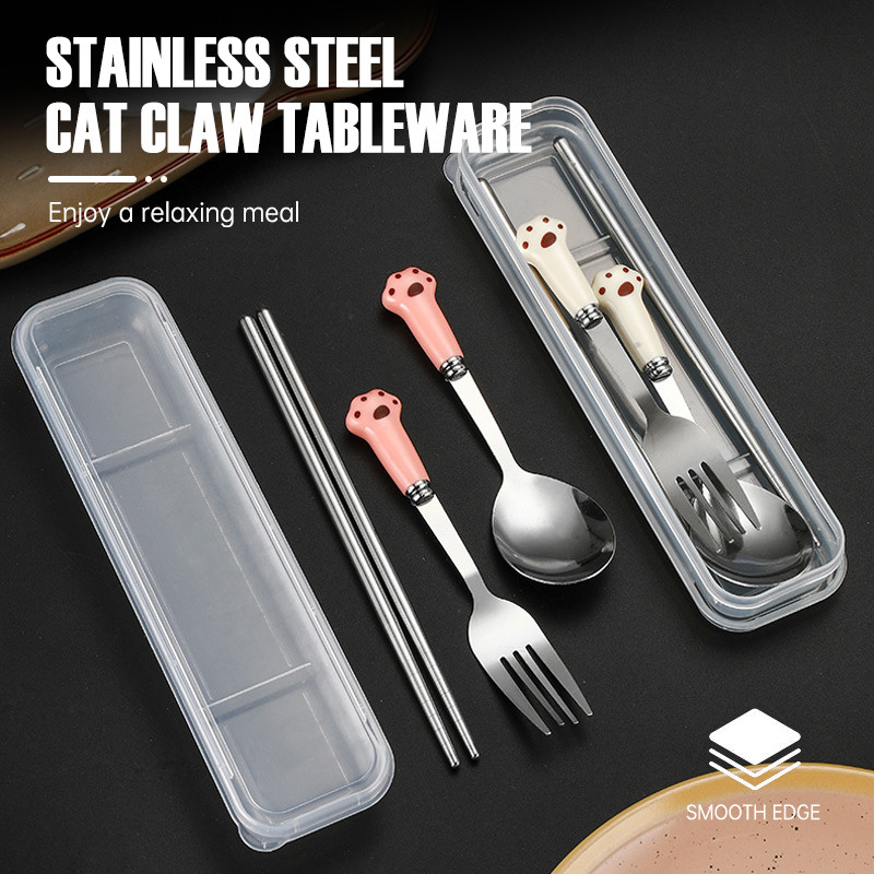Set Sendok Garpu Sumpit Rumah Portabel Sendok Makanan Penutup Stainless Steel Gagang Keramik Peralat
