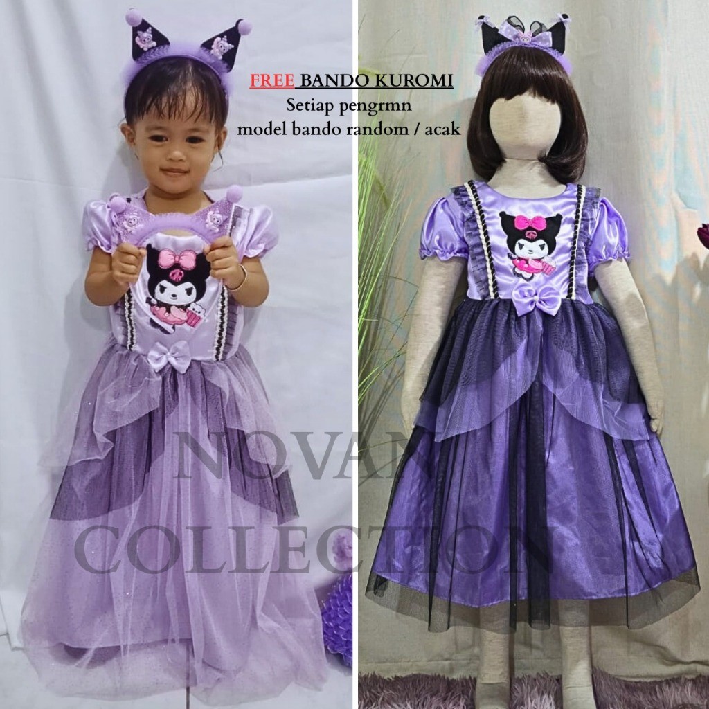 FREE BANDO KUROMI Baju Dress Anak Perempuan Motif Kuromi Lengan Pendek Gaun Pesta Ulang Tahun Birthd