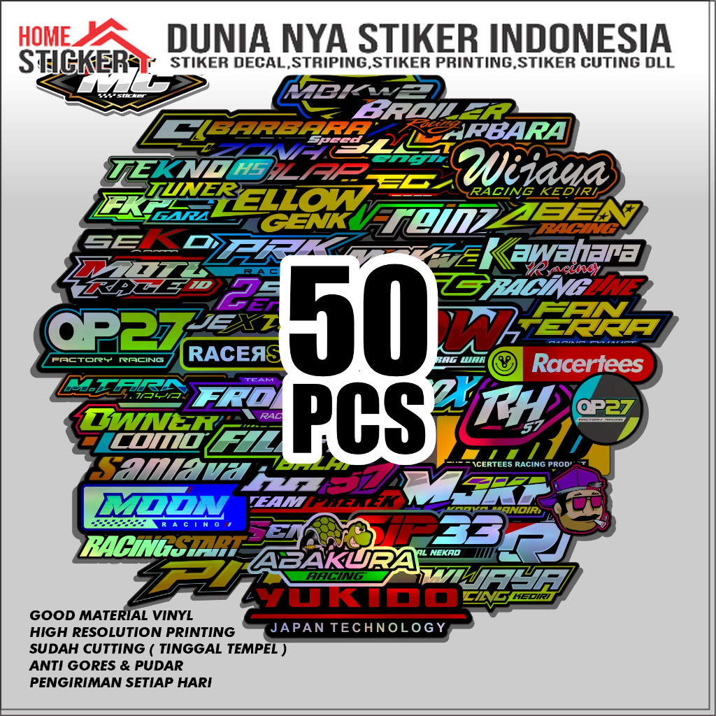 1 Set Isi 50 Lembar Sticker Pack Racing Vinyl Hologram Pelangi Sudah Potongan Tinggal Tempel Stiker 