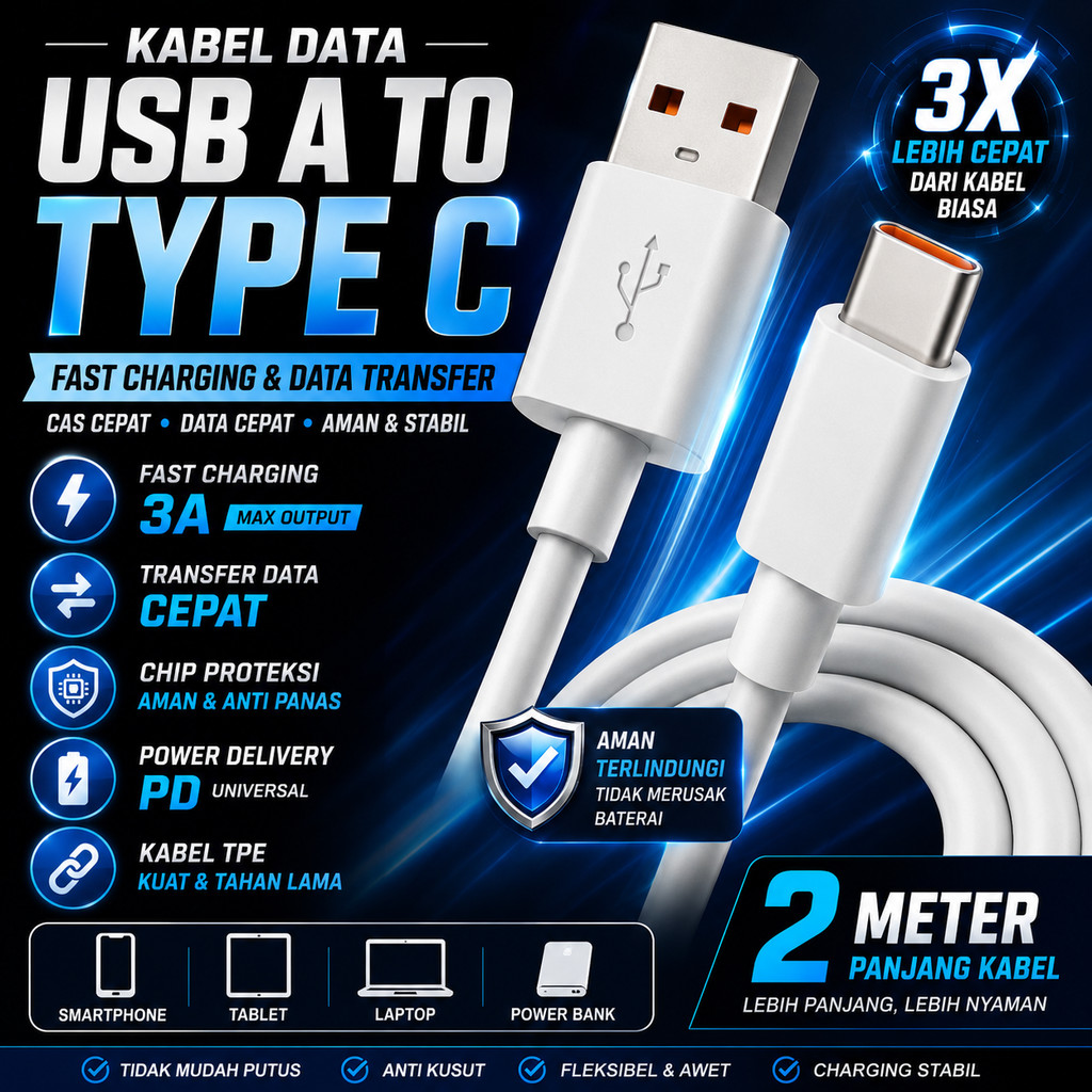 Kabel Data USB Type C Fast Charging 100W 6A 2 Meter Transfer Data Cepat Power Delivery PD Universal 