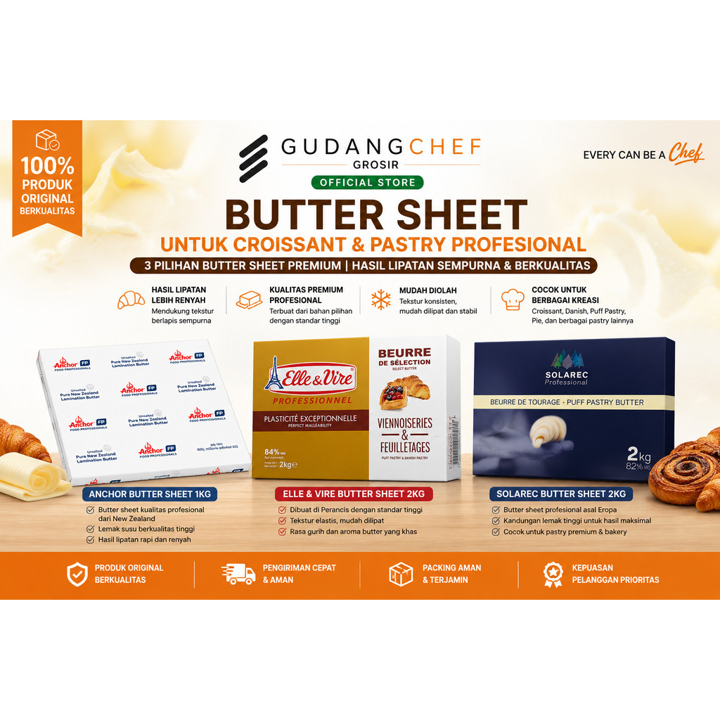 Butter Sheet Croissant & Pastry | Anchor 1Kg, Elle & Vire 2Kg, Solarec 2Kg | Butter Lipat untuk Dani