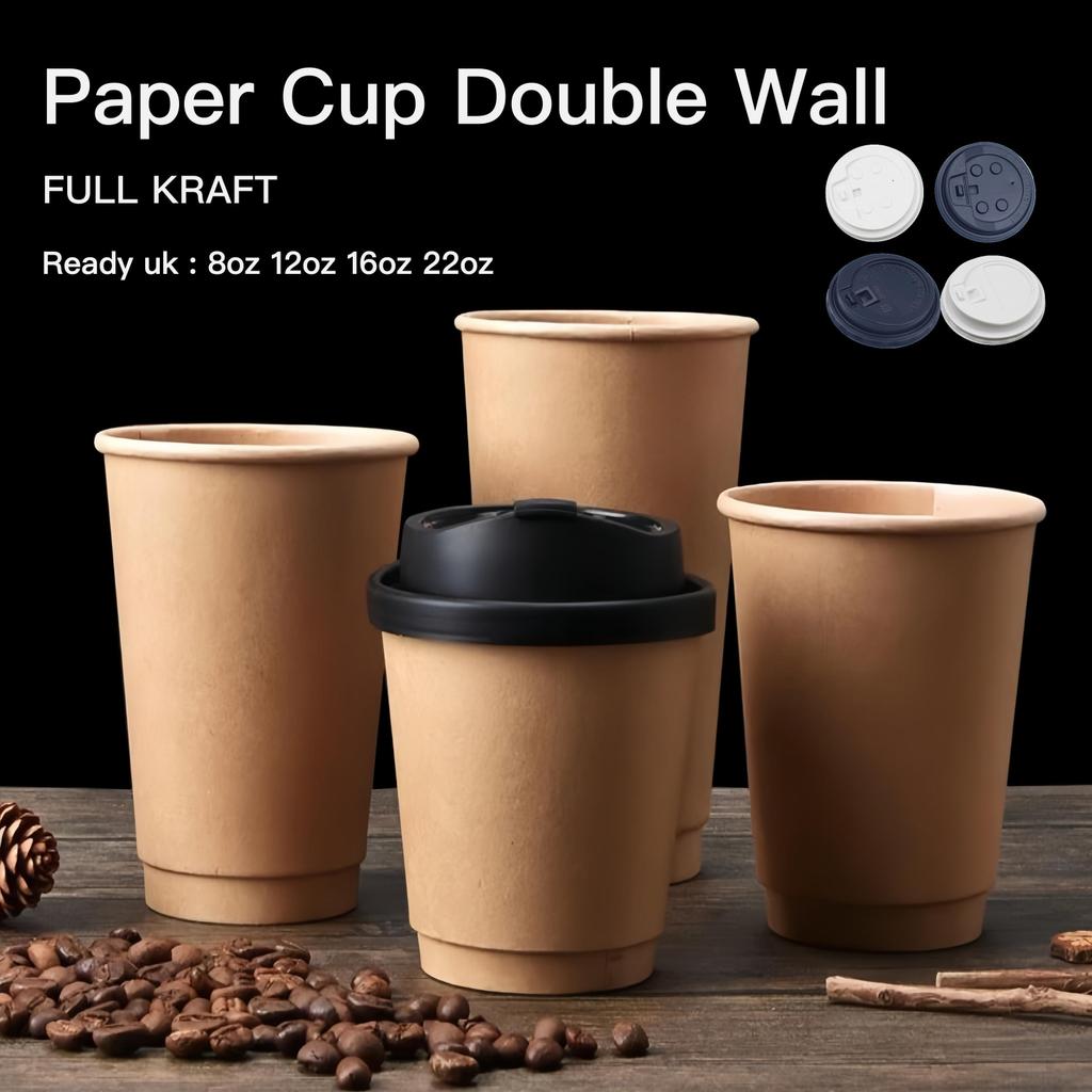 Papercup Double Wall Full Kraft 8oz 12oz 16oz + Tutup | Gelas Kertas Tebal Tahan Panas • Anti Bocor 