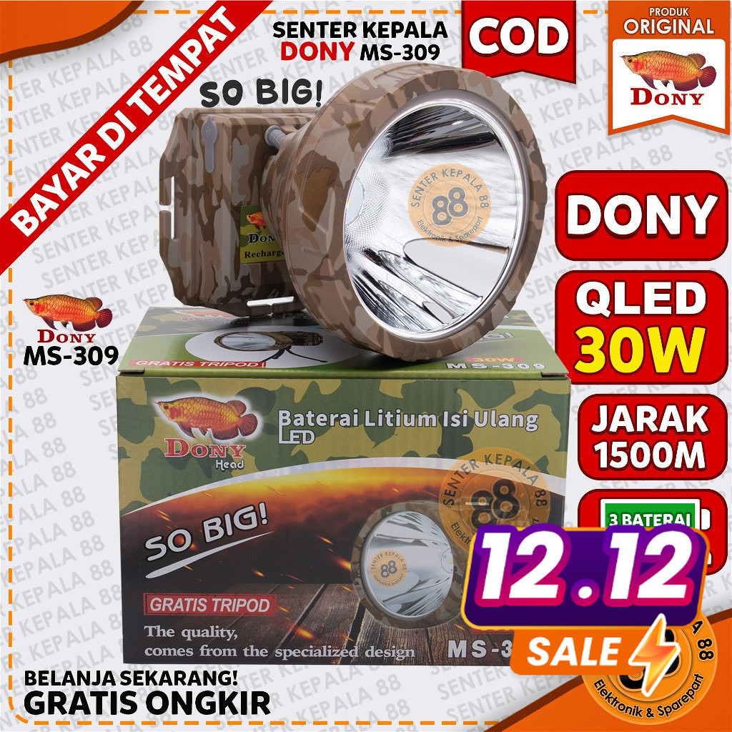 DONY  Senter Kepala Cas / MS 309 / SOBIG 30 W 30 WATT / QLED LED T6 / Super Terang / Murah Senter Ke