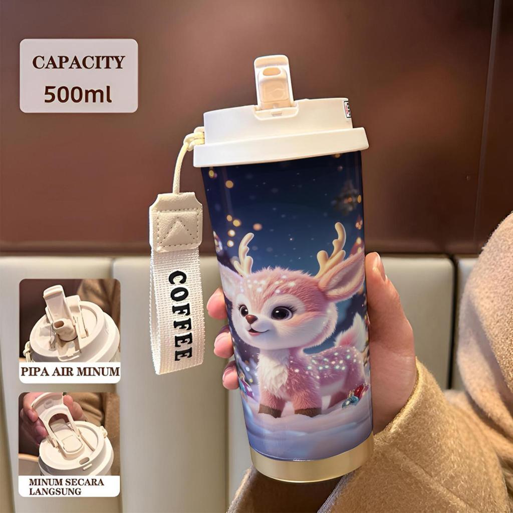custom nama Tumbler Cangkir Termos Motif Rusa imut dengan tanduk kecil Christmas 500ml - Motif Rusa 