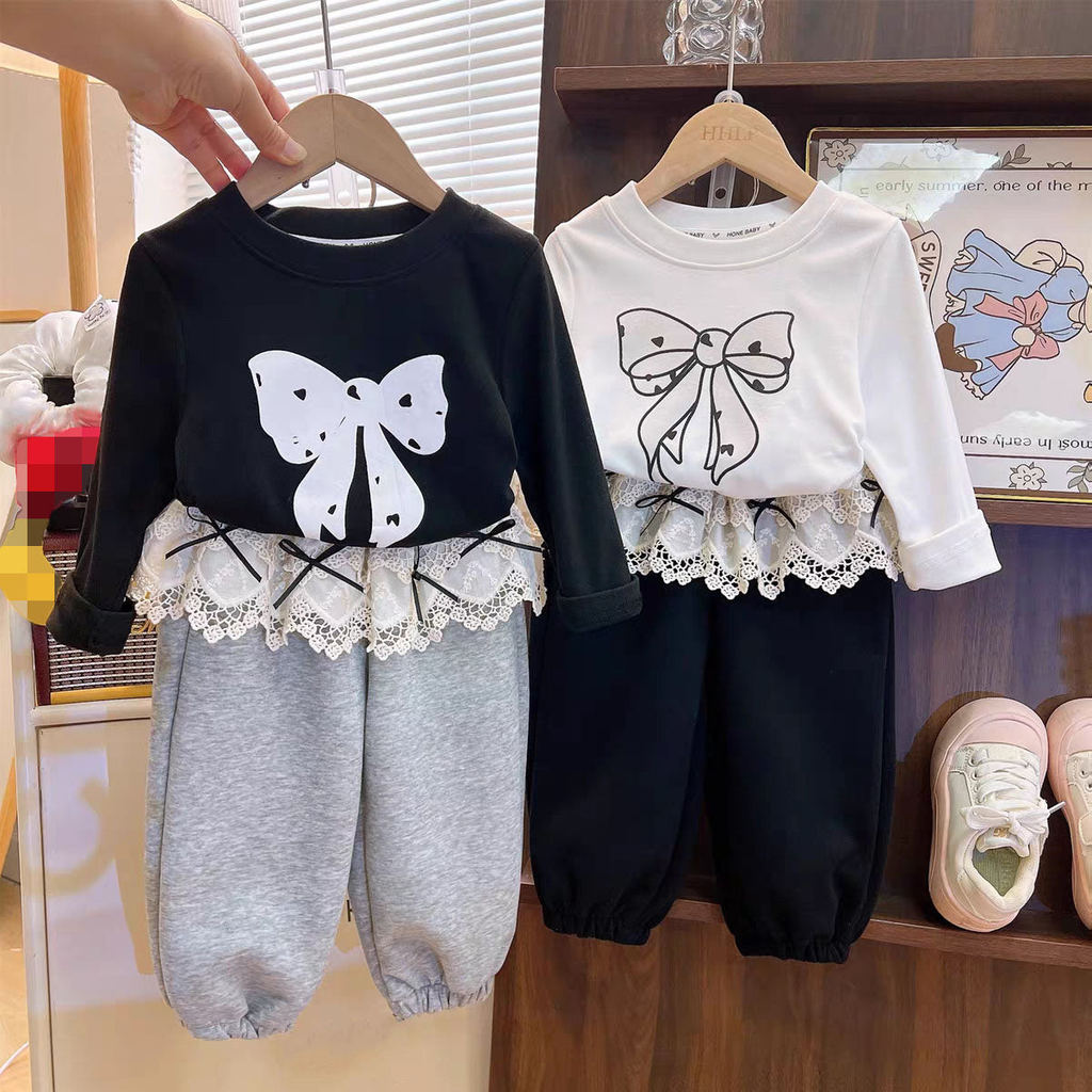 [363936] - One Set 2in1 Baju Setelan Atasan Kaos T-shirt Lengan Panjang Bawahan Celana Panjang Renda