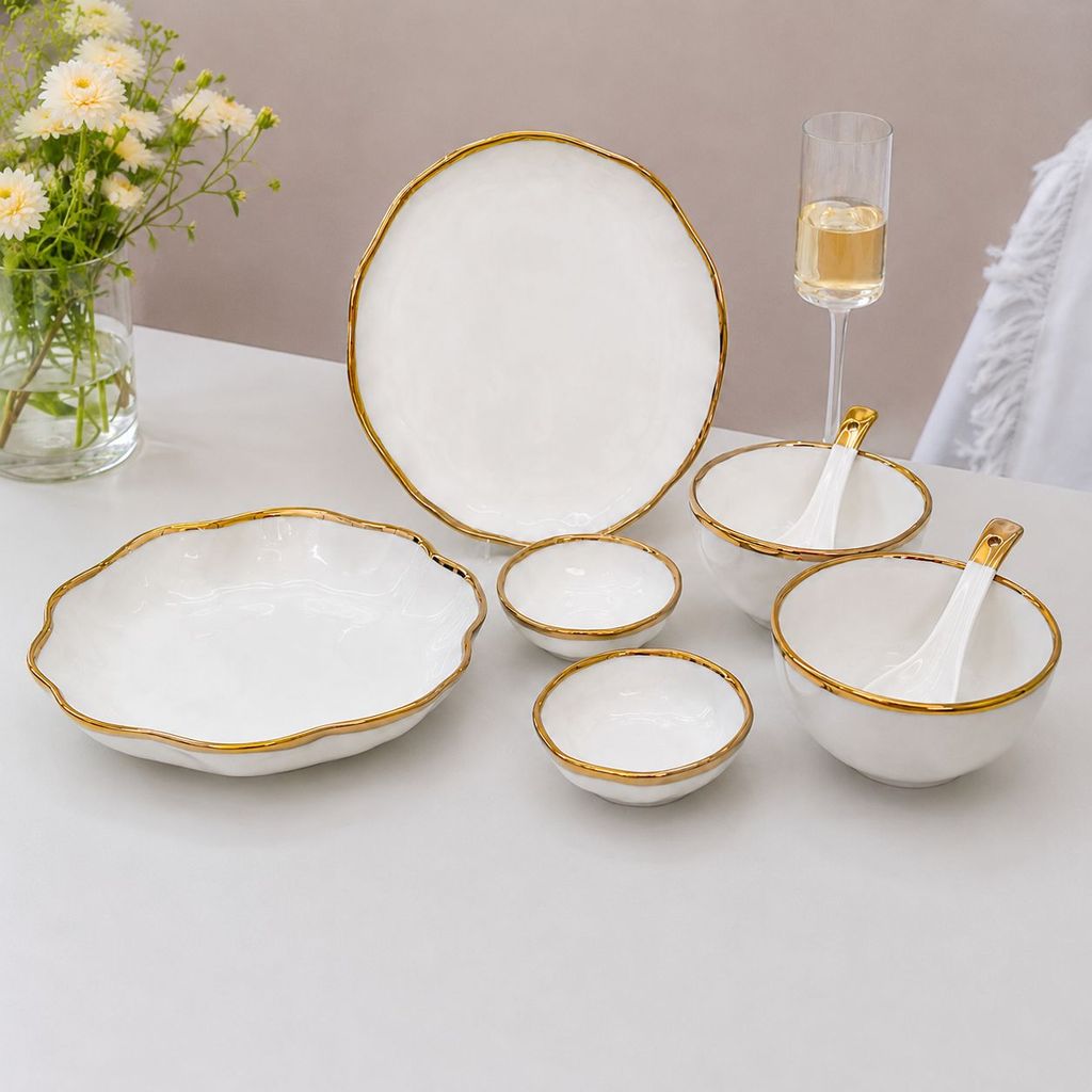 Wavy Plate Putih Gold Plate Set / paket piring mangkok keramik Gelombang Cantik Sultan