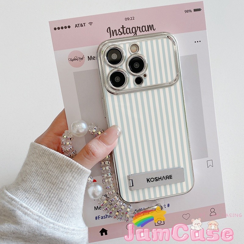 case OPPO Tali bergaris biru dengan penyangga dan rantai Casing ponsel cocok untukOPPOA15/A16/A16K/A