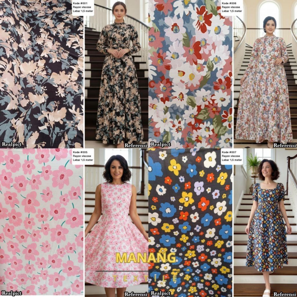 Kain Katun Rayon Viscose Meteran Motif Bunga-Bunga Unik Bahan Baju
