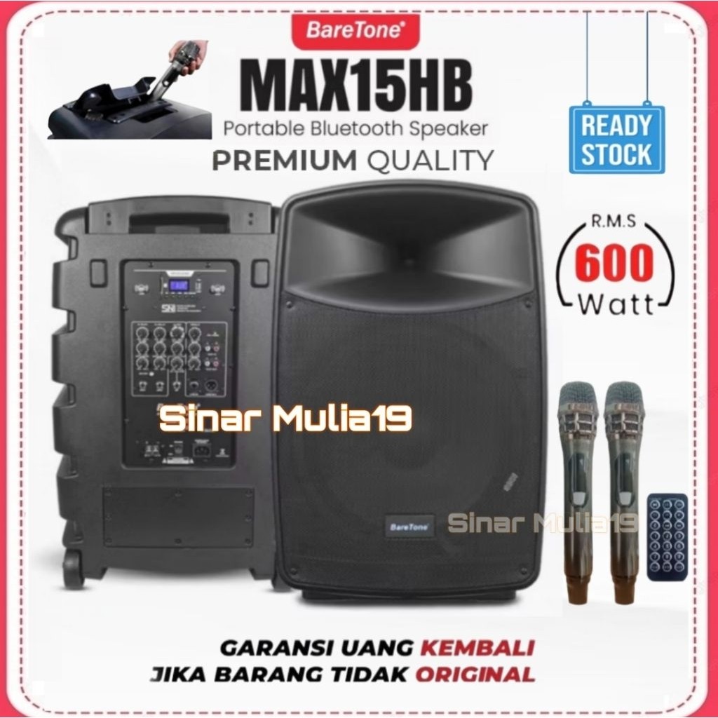 Speaker Aktif Portable 15 Inch BareTone MAX15HB / MAX-15HB  Original Power RMS 600 Watt Bluetooth TW