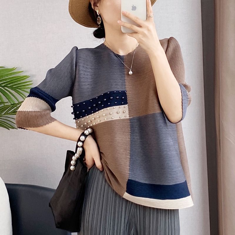 Loose Mom Top Beaded Kaos Lengan Tujuh Wanita