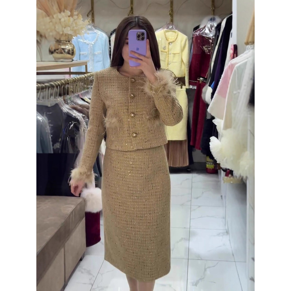Winter Light Luxury Chanel Style Long Sleeve Long Dress Set Elegant Women's Dress