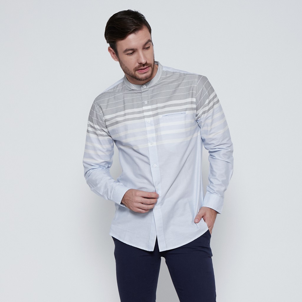 PROMO Kemeja Pria Koko Shanghai Stripe Panjang Biru Muda