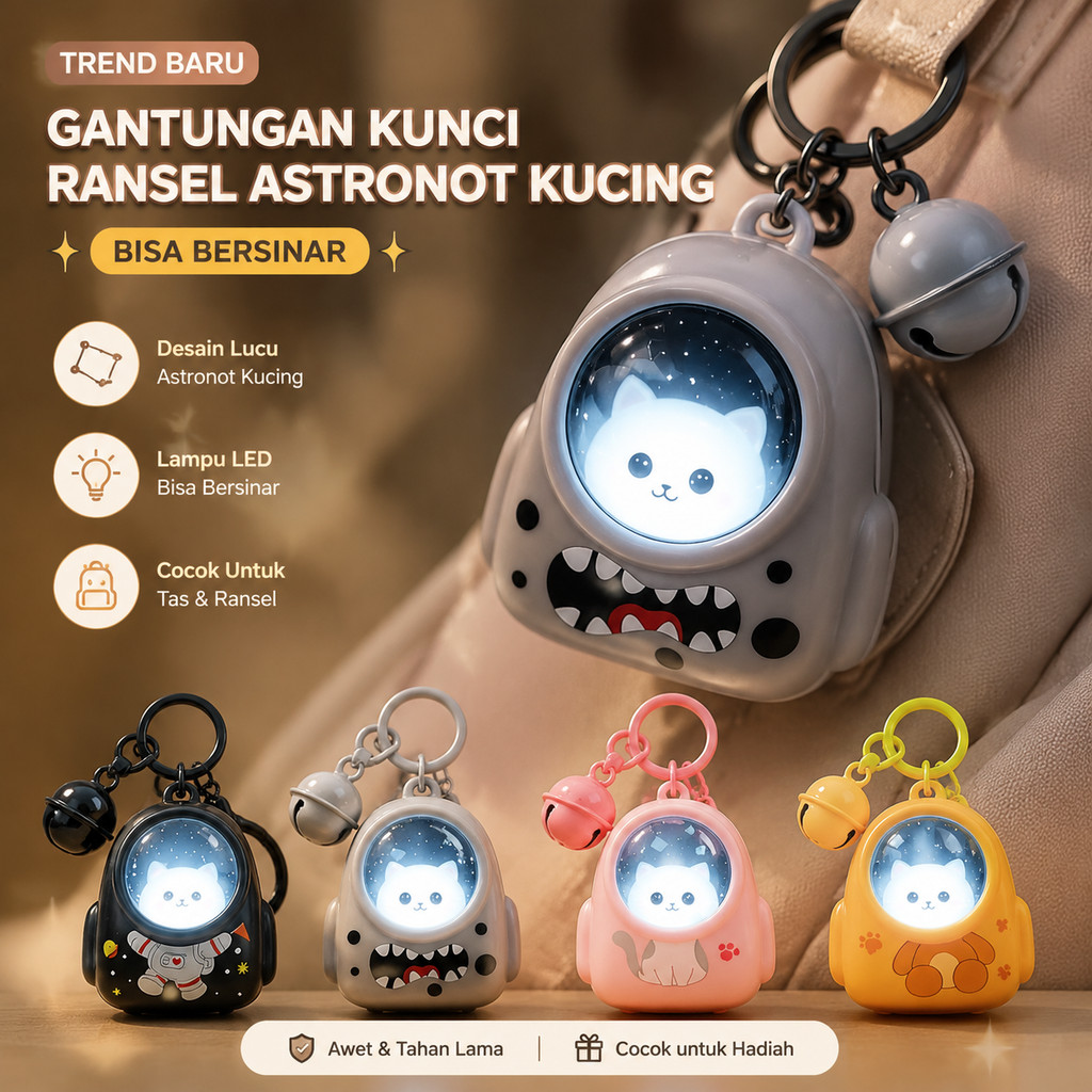 Gantungan Kunci 3D Kucing Astronot Lampu Malam Lucu, Hiasan Backpack Aesthetic & Kunci Mobil