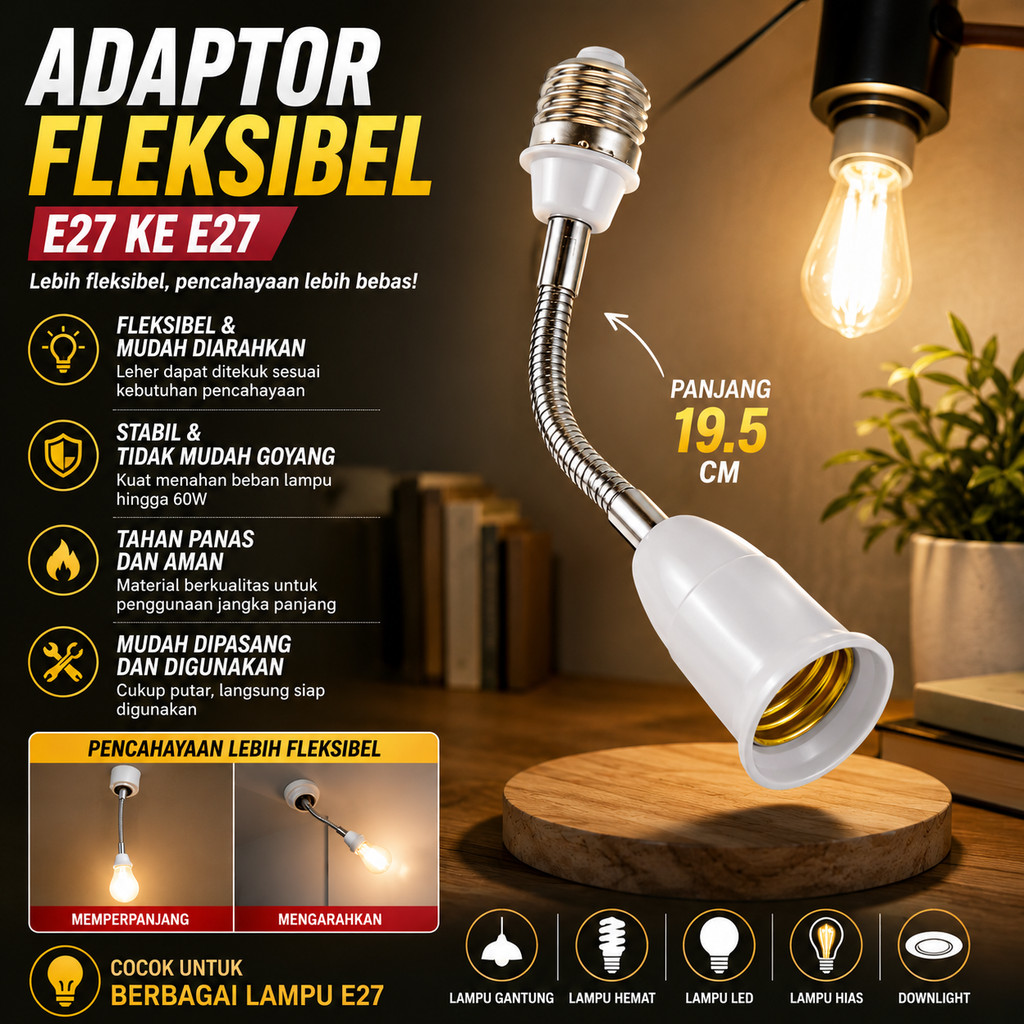 Adaptor Fitting Lampu Fleksibel Panjang Extender Extension Universal E27 Ke E27 Fleksibel 19.5cm Max