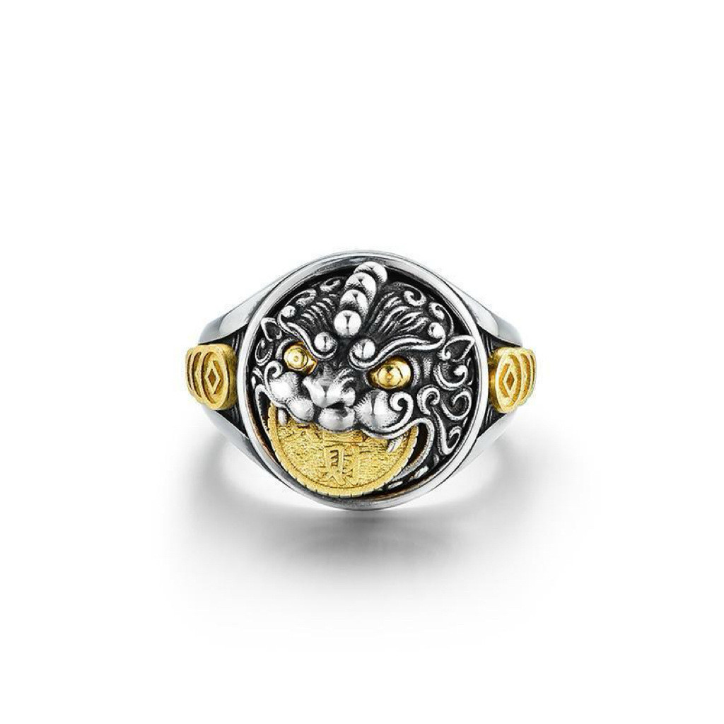 Cincin pria bergaya retro Pixiu, tren fashion kreatif dengan desain naga penelan emah dan koin berpu