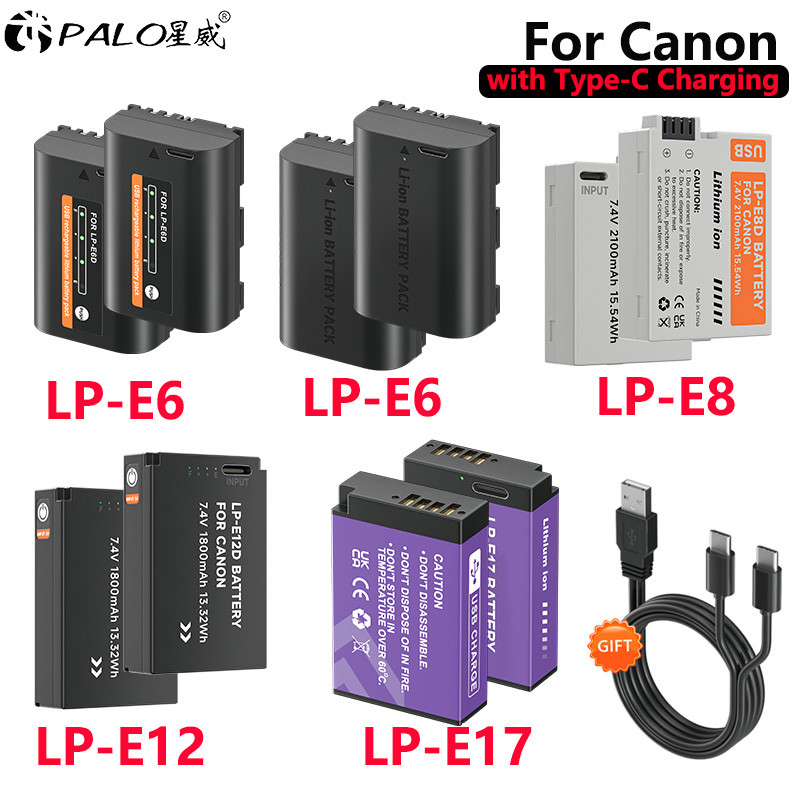 2PCS LP-E6 LP-E8 LP-E10 LP-E12 LP-E17 Battery with Type-C arging for Canon Series LP E6 LP E8 LP E10