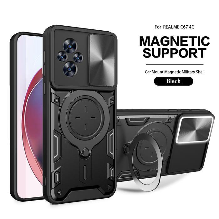 CASE FOR REALME C67 MAGNETIC CAMERA SLIDE 360 RING STAND SOFTCASE - Elandefoi