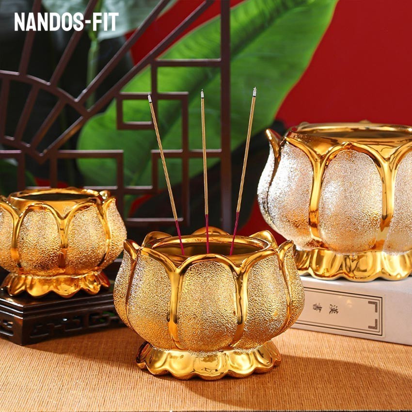 NANDOS-FIT 4/5 Inch Tempat Bakar Dupa Lotus / Hiolo Keramik Emas Bentuk Teratai / Pembakar Dupa Back