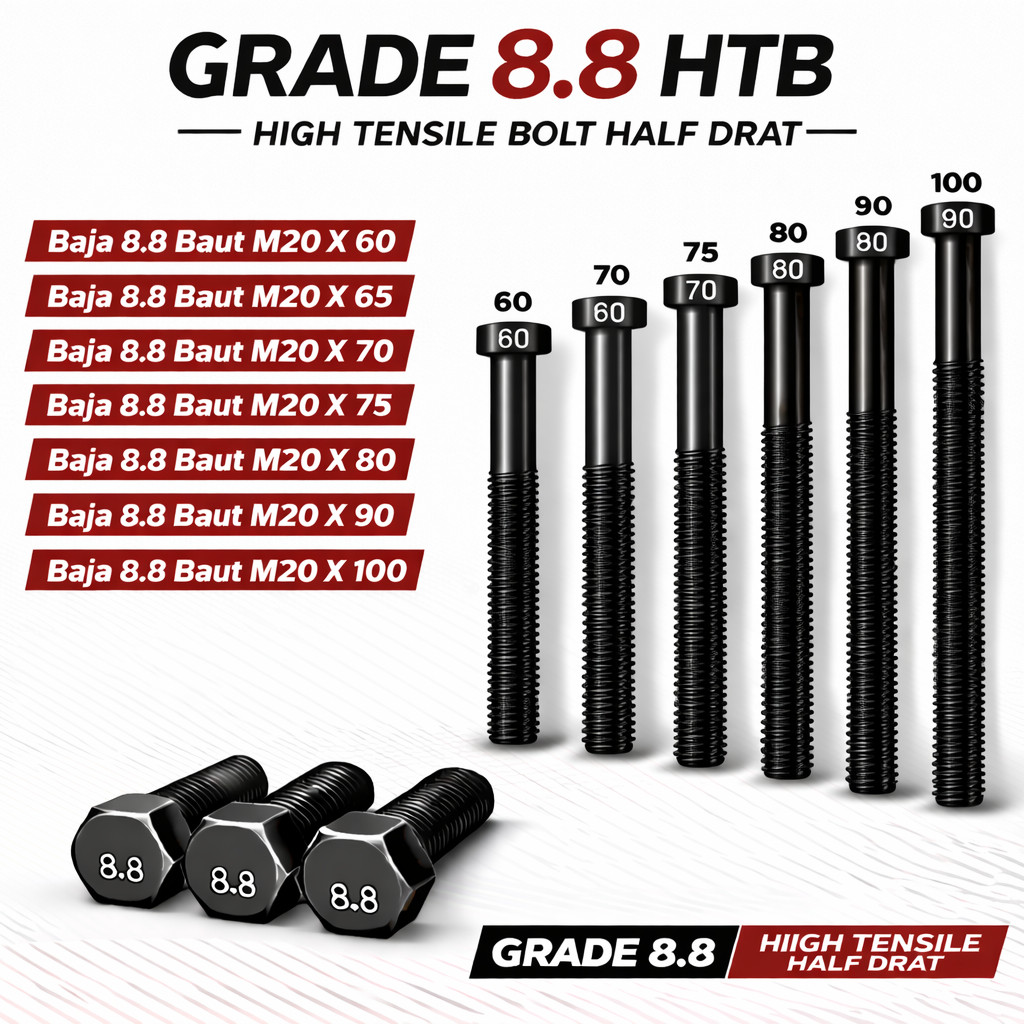 Baja 8.8 Baut M20X60 / Baut 20X60 / M20 X 60 / 20 X 60  Grade 8.8 HTB - High Tensile Bolt Half Drat