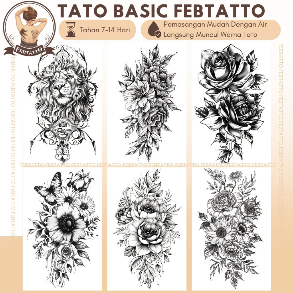 TERBARU Stiker Tato Temporer Tahan 1-2 Minggu 11x21cm Tatto Temporary Semi Permanent bunga singa mat