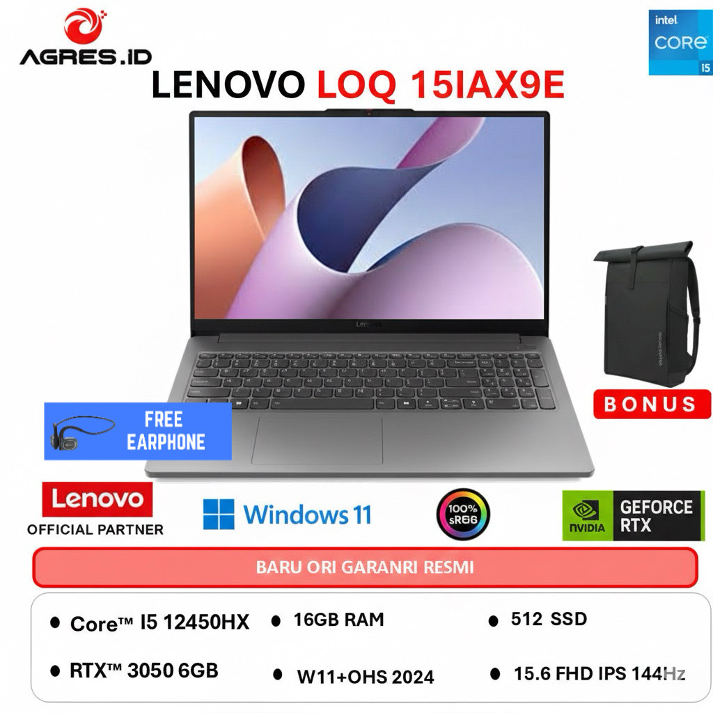 LENOVO LOQ 15IAX9E I5 12450HX RTX3050 6GB - RAM 16GB 512GB W11+OHS 15.6FHD 144HZ - EHID