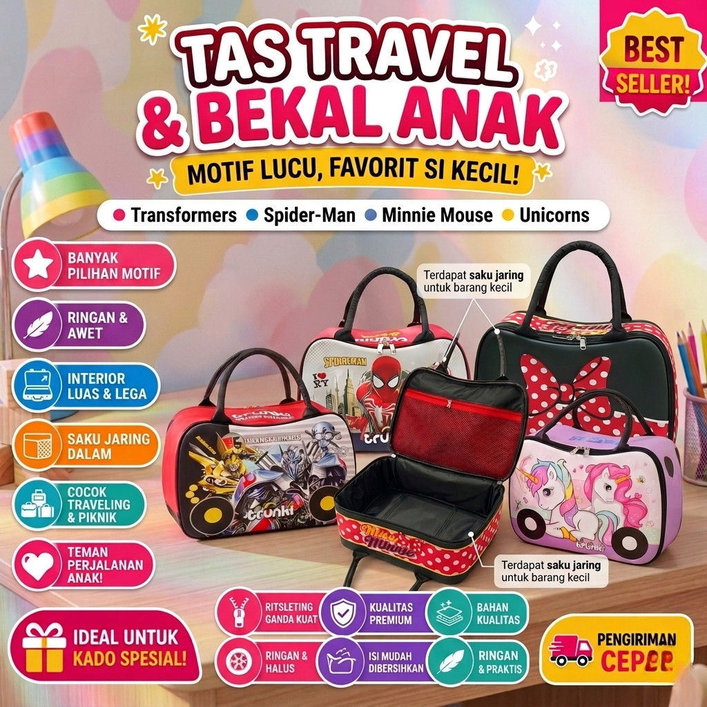 Tas Travel Bag Karakter Anak Premium Liburan Anak Lucu Anti Air - Tas Jinjing Selempang Travel 3007