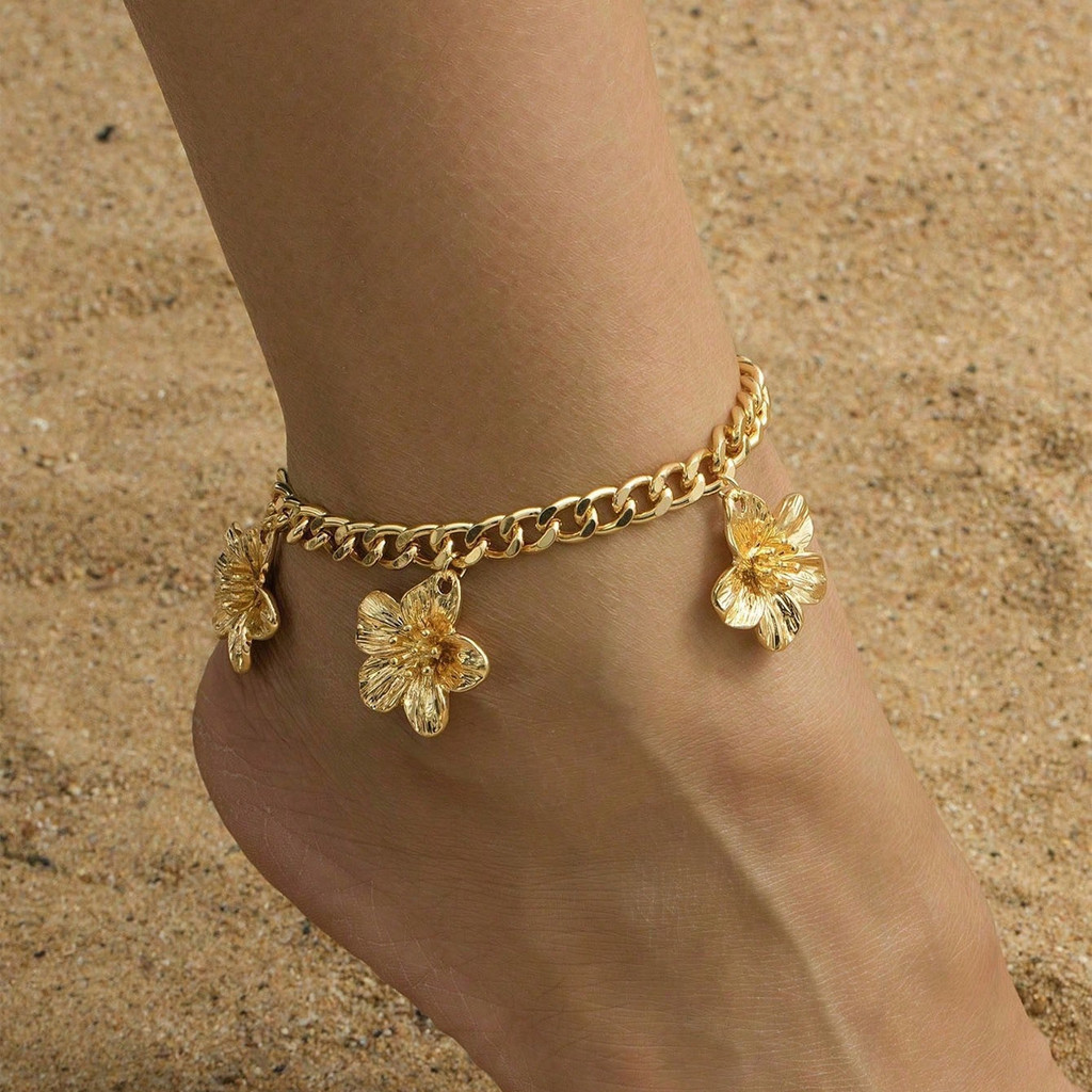 Kalung Kaki Bunga Rantai Tebal Warna Emas, Aksesori Kaki Gaya Pantai Retro Unik, Grosir Kalung Kaki 