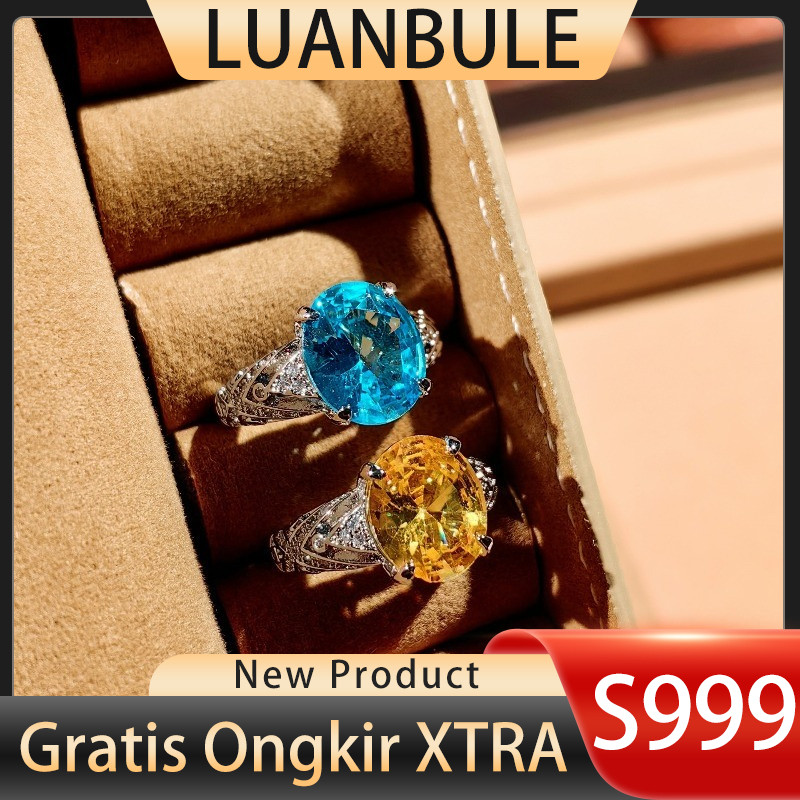 LUANBULE Cincin Perak S999 Untuk Wanita Dengan Batu Permata Aquamarine Dan Topaz Warna Terbuka