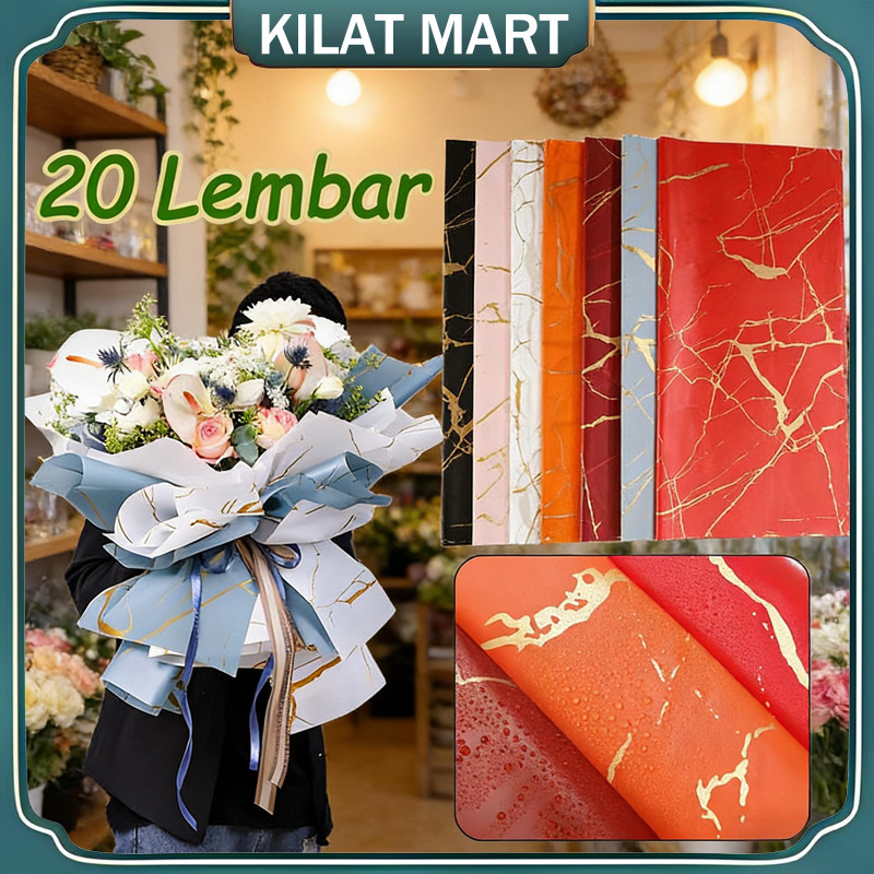 20 LEMBAR Kertas Buket Gold Marble Marmer Cellophane / Kertas Buket Bunga Motif Marble Emas / kertas