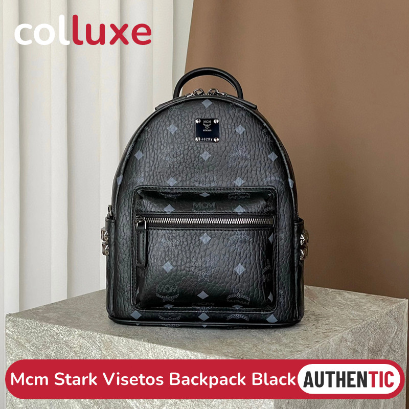 Ransel MCM Mini Stark Visetos Samping Berpaku Hitam#Mini#Kecil#Ransel Kanvas Medium Visetos Hitam