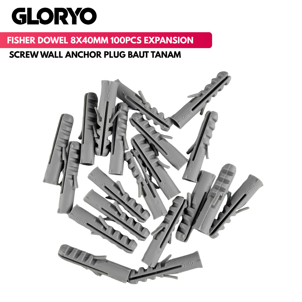 Gloryo Fisher Dowel 8x40mm 100PCS Expansion Screw Wall Anchor Plug Baut Tanam
