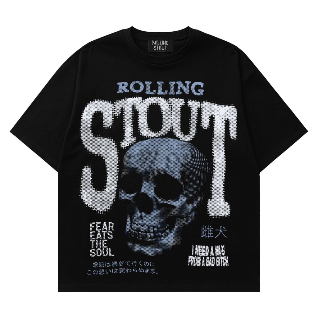 100% Katun Rollingstout Kaos Semi Oversized Tshirt Skull Japan Black Pria dan Wanita