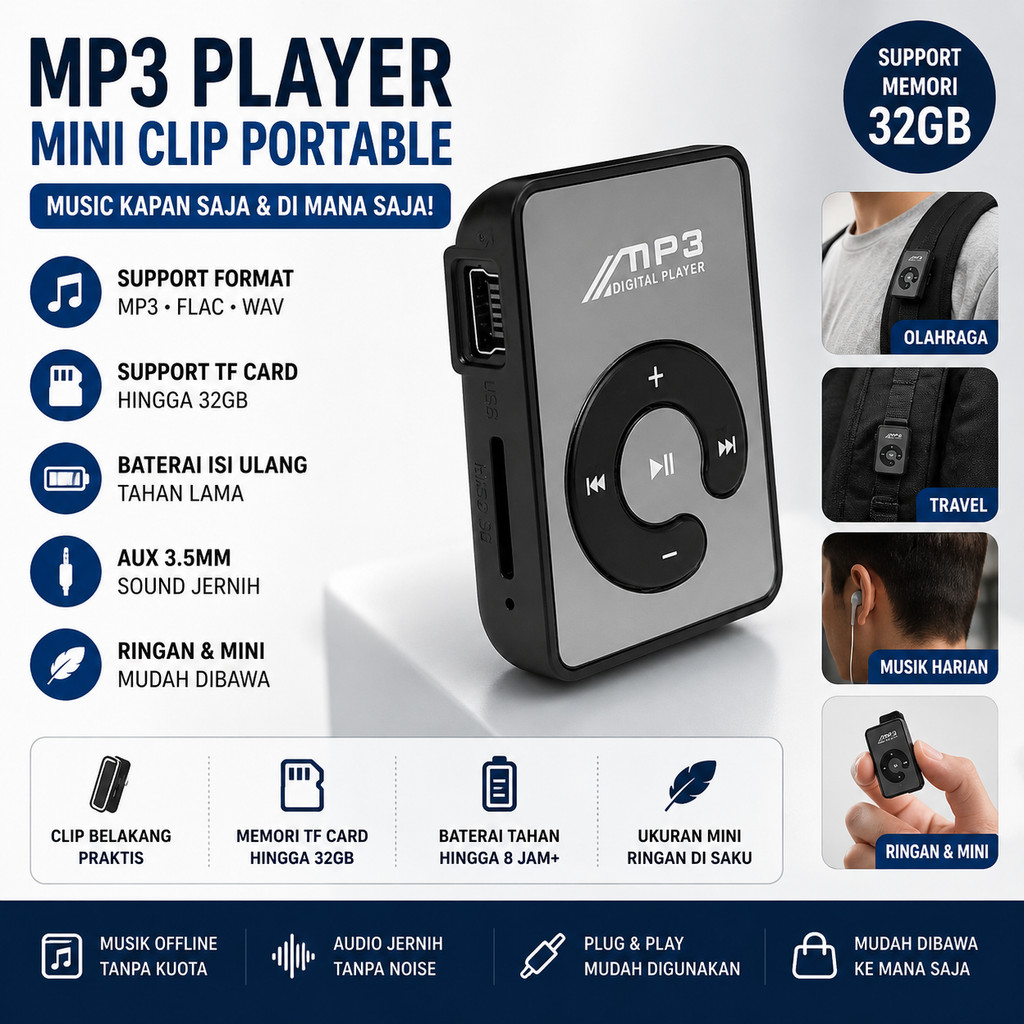 MP3 Player Mini Clip Portable Support Memory TF Card Up To 32GB Support MP3 FLAC USB Mini AUX 3.5mm 