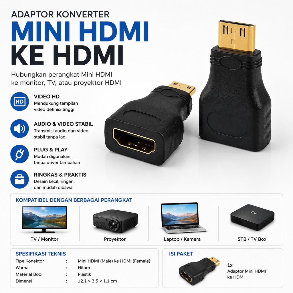 Kabel Mini Hdmi To Hdmi Female Converter Adapter Sambungan Konektor Kamera Tablet Laptop Ke Tv Monit