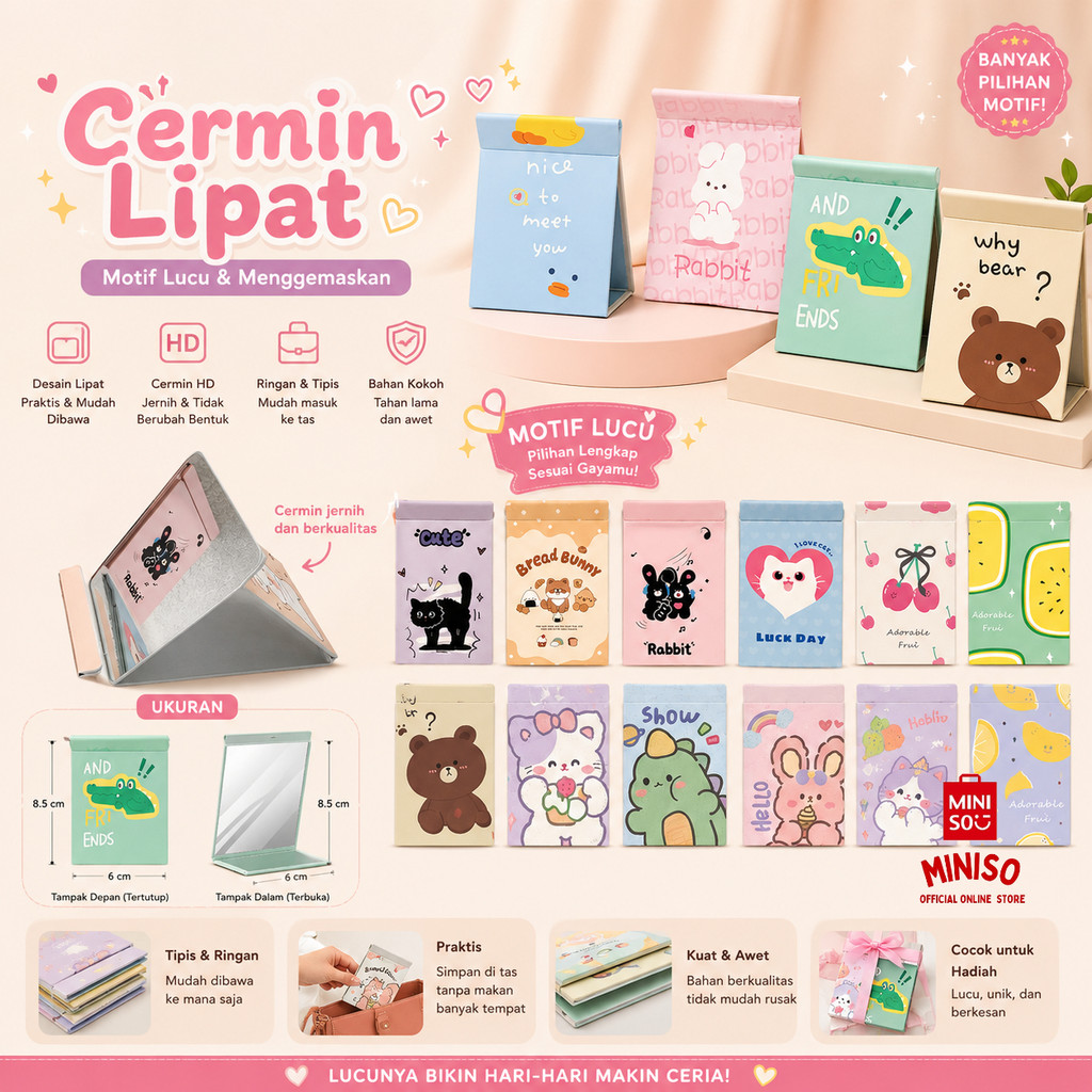 MINISO BALI | Cermin Lipat Motif Lucu / Cermin Rias Makeup Model Cover Buku / Cermin Cover Lucu / Fo