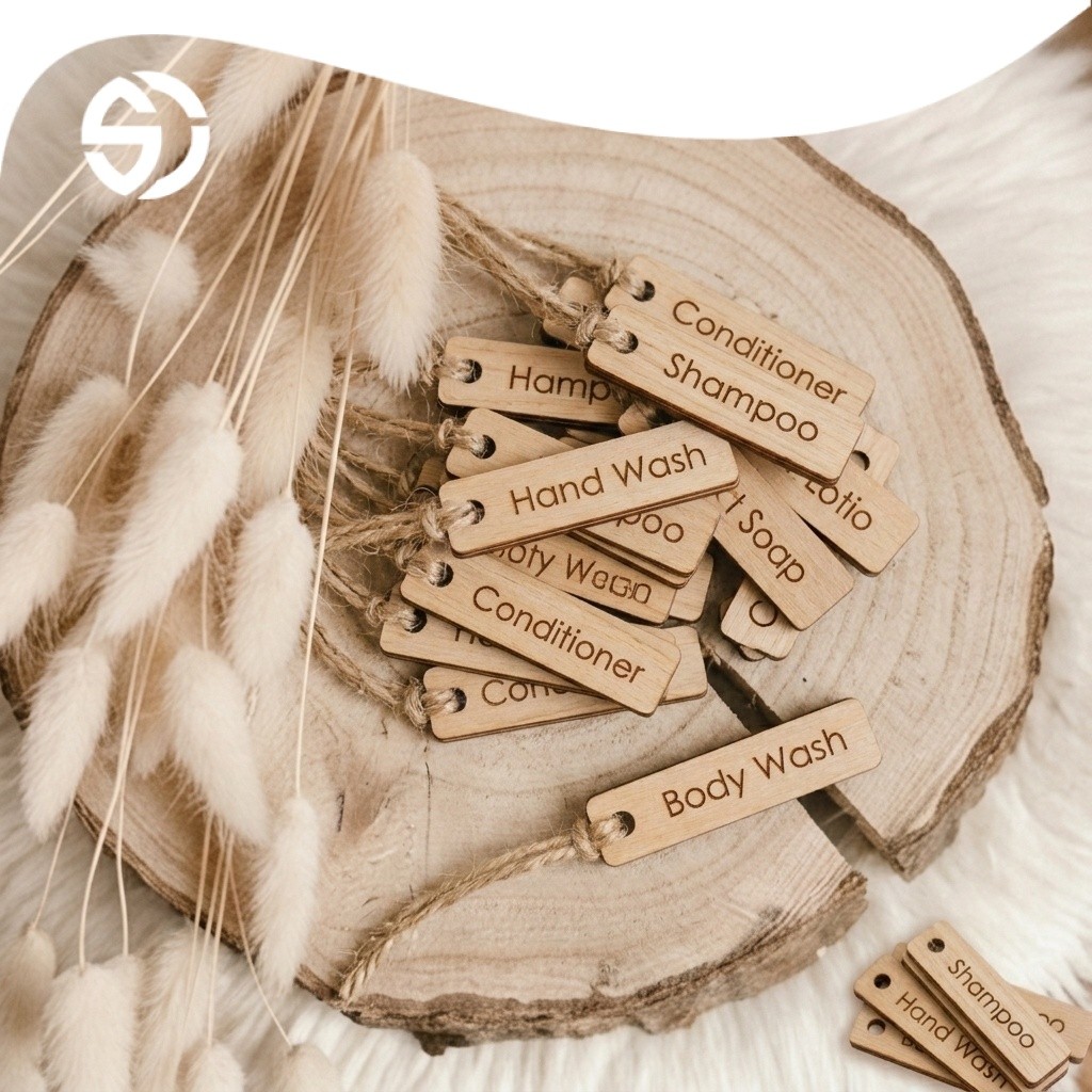 Label Nama Kayu Custom Laser | Tag Kayu Souvenir Handmade Branding Produk