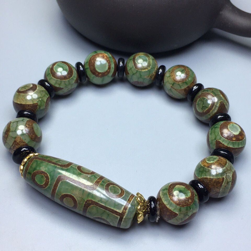Tibet faks hijau tua dzi gelang batu akik kalsedon