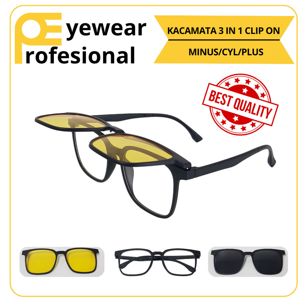 Kacamata Clip On Minus Pria Wanita Kacamata Hitam Minus Clip On 3 in 1 Magnet Kacamata