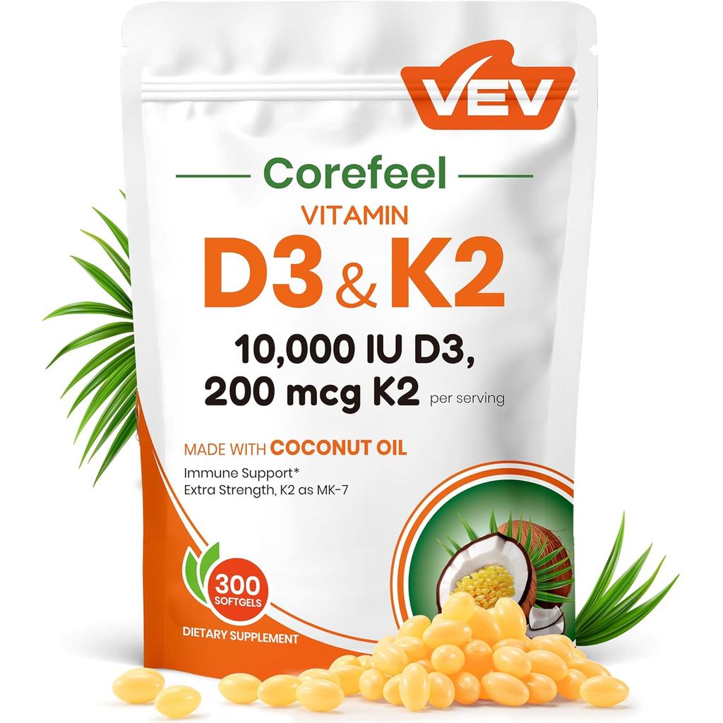 VEVCorefeelVitaminD3K210,000IU,200mcgMK-7,300CoconutOilSoftgels,2in1VitaminsSupplementD&K(IncludeMK7