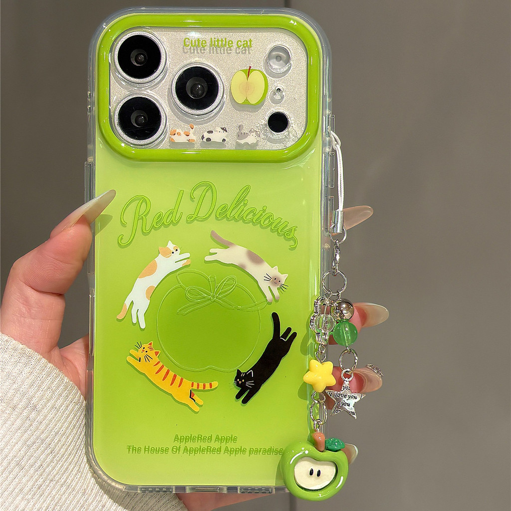 Cute Green Apple Cat Gradient Phone Case with Apple Charm Shockproof Dirt Resistant Cover for iPhone