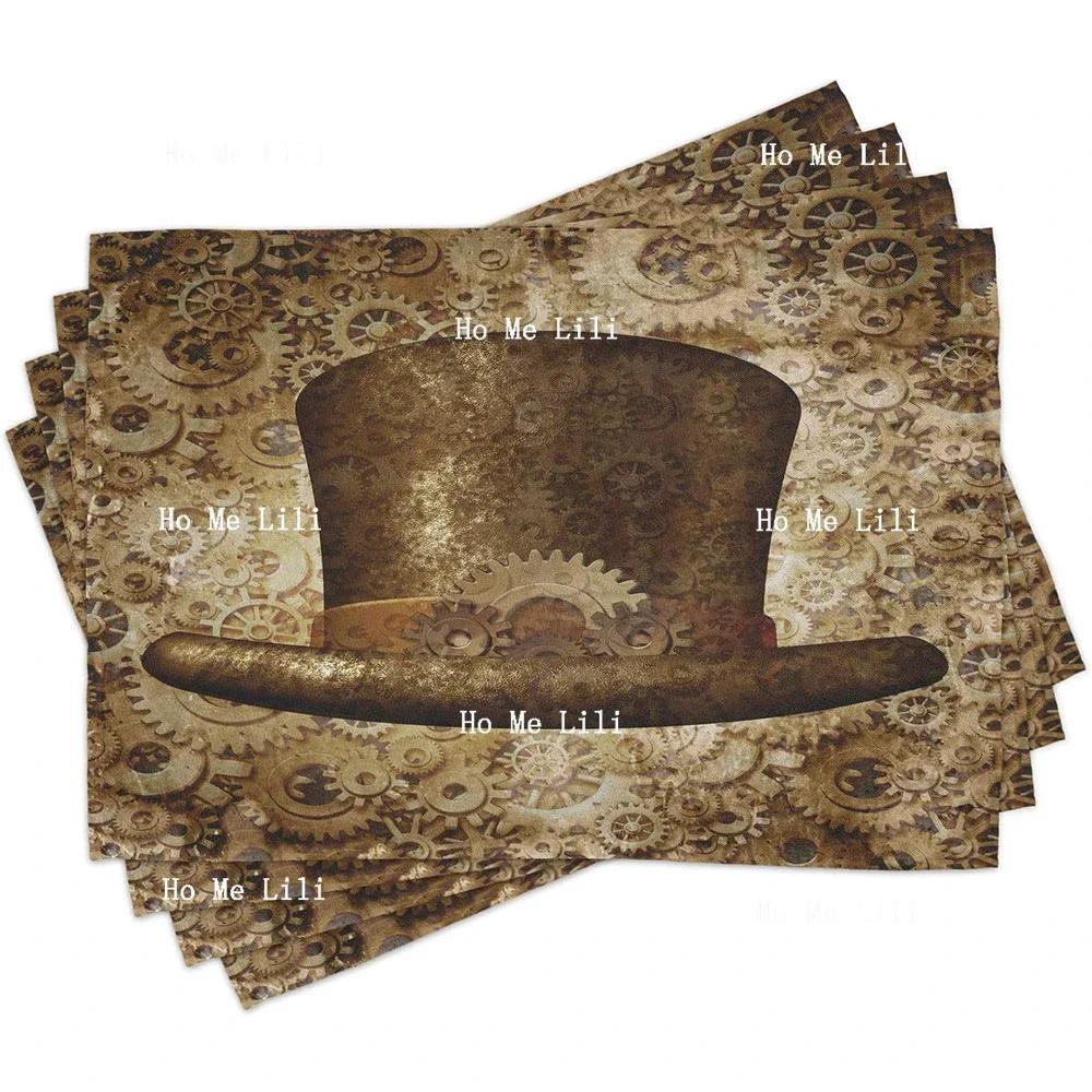 Victorian Place Mats Steampunk Hat Fantasy Science Fiction Concept Futuristic Gears Cogs Print Place