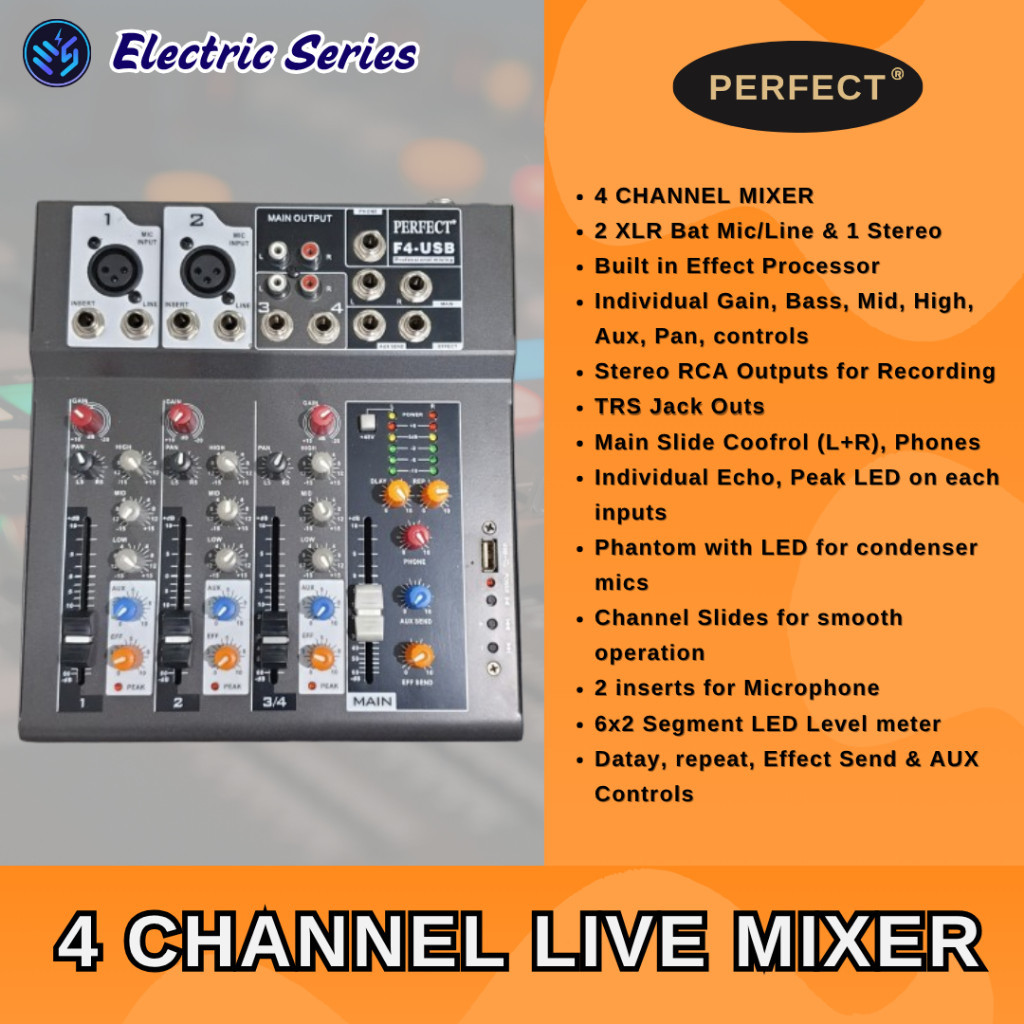 4 Channel Live Mixer Perfect F4USB - Mixer 4 Channel