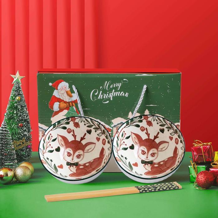 Aveline Hampers Christmas Mangkok Set Premium/Christmas Gift Bowl Set - 2 Rusa Merah