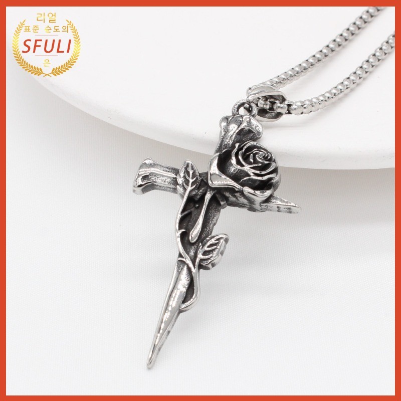 Kalung Wanita Titanium Steel Salib Hitam Perak Thailand Vintage Mawar Hitam